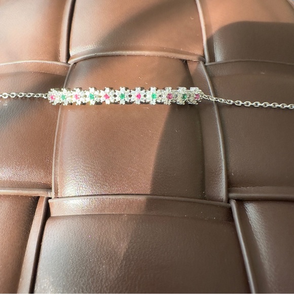 Sterling Silver  Emerald&Ruby Cubic Zirconia Flower Bracelet - Picture 10 of 16